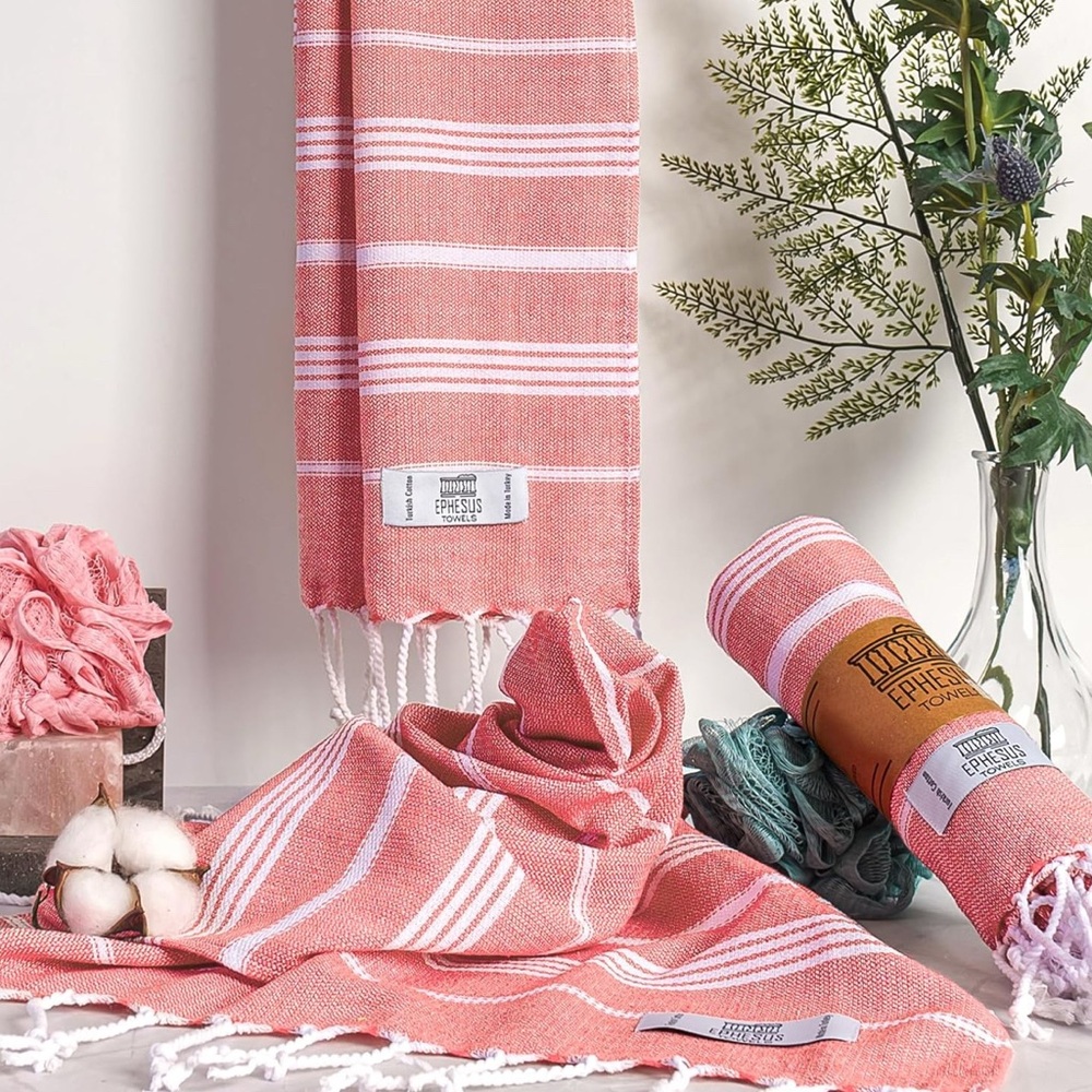Ephesus Turkish Hand Towels - coral and White - Picture 4 of 7